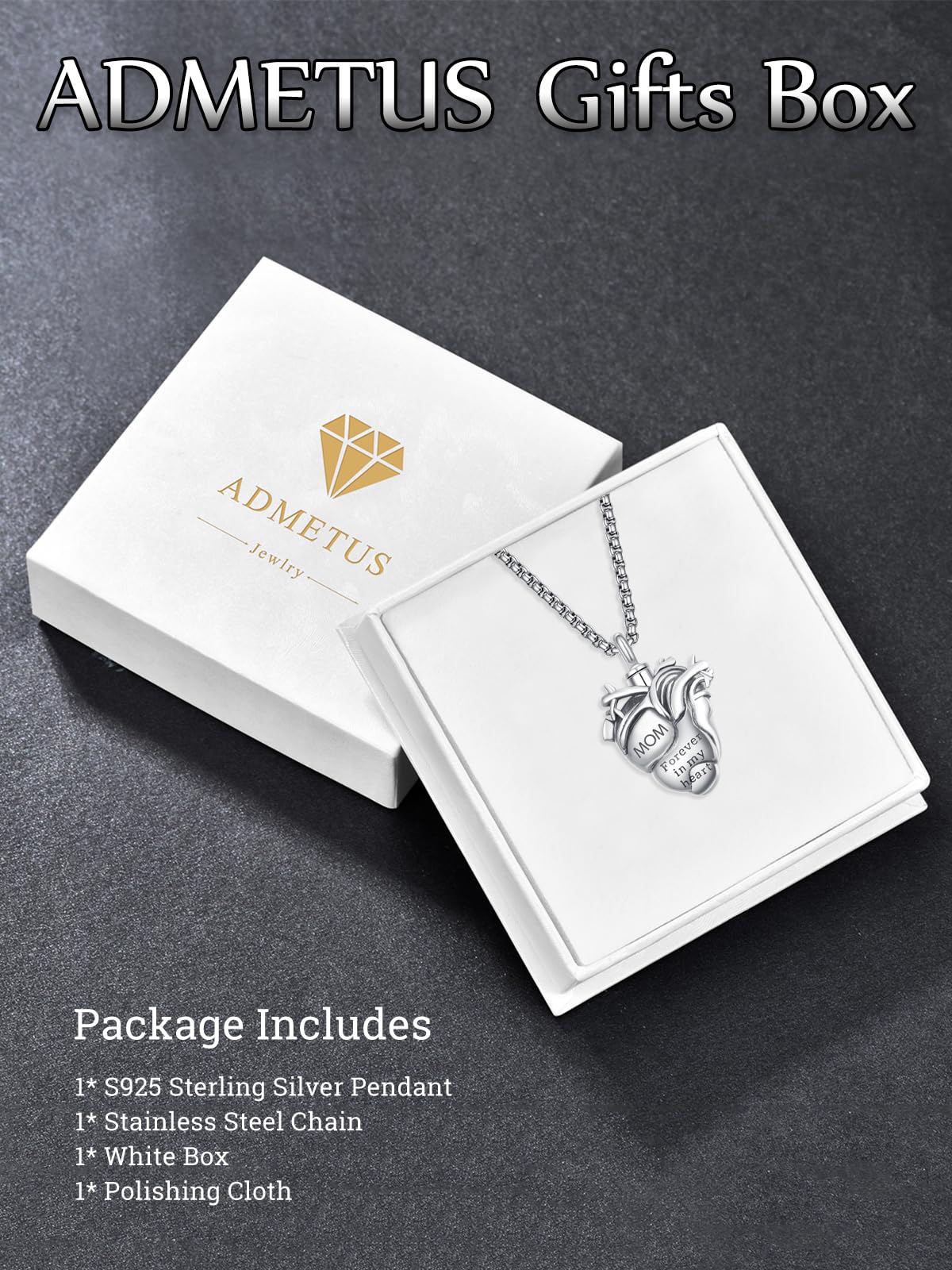 Anatomical Heart Urn Necklaces for Ashes Sterling Silver Ash Pendants Cremation Jewelry Mom Keepsake Pendant Memorial Jewelry Gifts for Loss of Mom