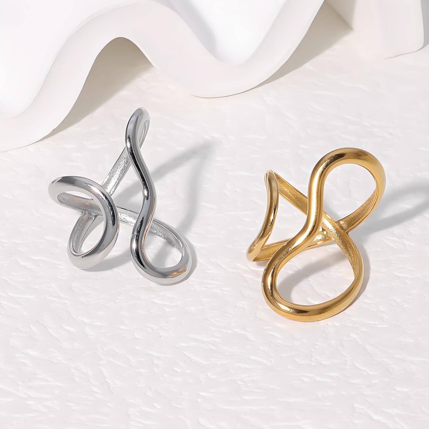 AIETUE Chunky Rings For Women, Gold Silver Thumb Ring Asymmetrical Wavy Curve Ring Adjustable Non Tarnish Dainty Stainless Steel New Year Anniversary Birthday Jewelry Gift (Gold)