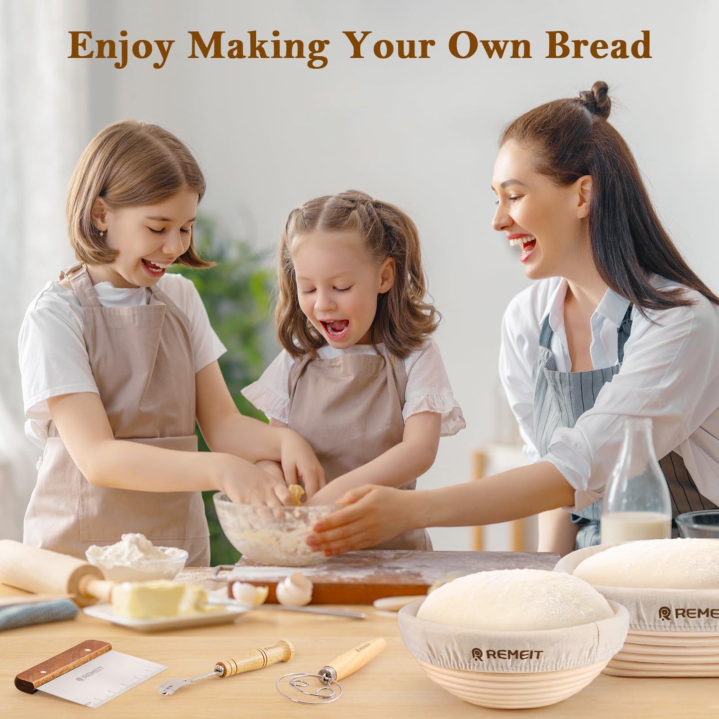 REMEIT Banneton Bread Proofing Basket Sourdough Bread Baking Supplies, Sourdough Starter Kit with 9" Round and 10" Oval Baskets, Sling, Bread Lame, Proofing Cover, Scraper, Dough Whisk