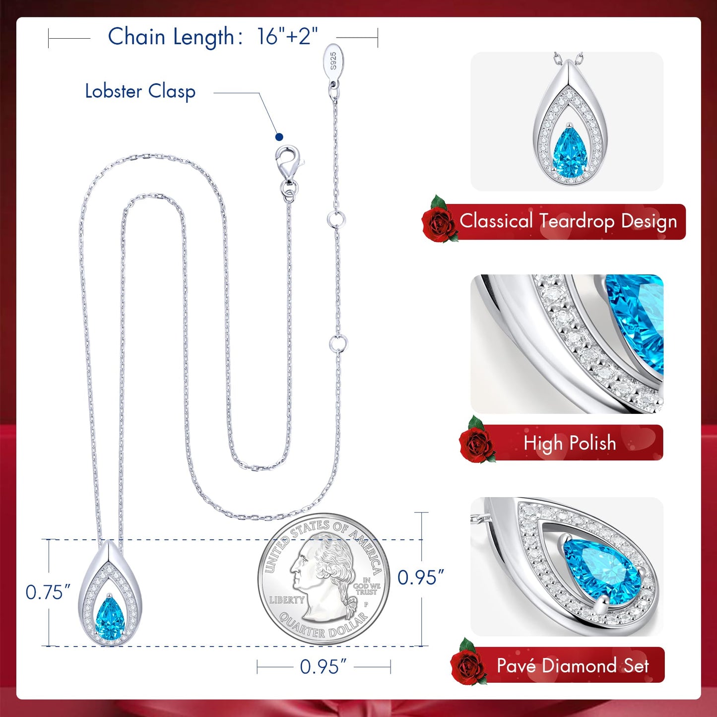Kstyle 925 Sterling Silver Blue Topaz December Birthstone Pendant Necklace Teardrop Jewelry Valentine's Day Anniversary Birthday Gift for Daughter Wife Mom Girlfriend Her Non Tarnish