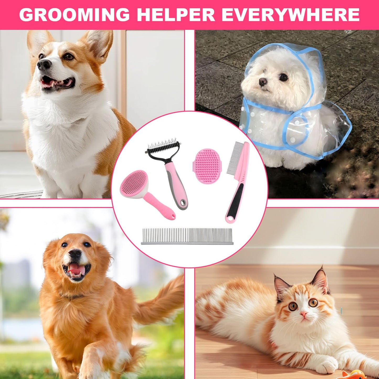 6PCS Dog Grooming Kit, Pet Grooming Kit, Deshedding Brush for Short Hair, Slicker Brush, Flea Comb, Puppy Brush Set in Pink for Dogs, Cats