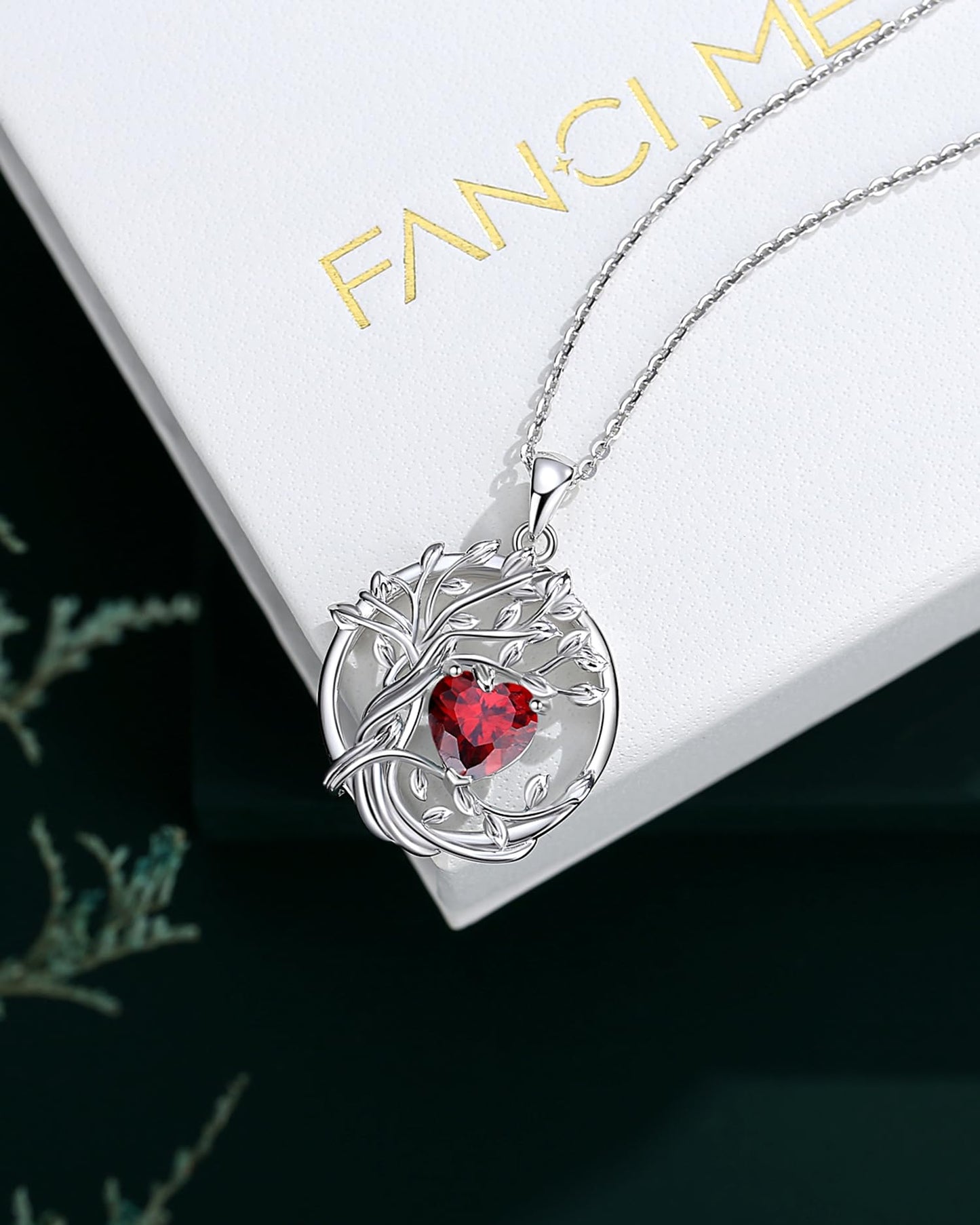 FANCIME Tree of life July Birthstone necklace for women Sterling Silver Tree Jewelry Ruby Pendant Red Gemstone Anniversary Birthday Christmas Gifts for Wife Mom Her