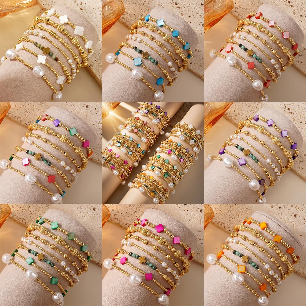 SHINUS BOHO 14K Gold Beaded Blue Clover Stackable Bracelets for Women,7PCS/Set Boho Cross Pearl Beads Stretch Bracelets Stack Fashion Holiday Birthday Prom Jewelry Accessories Gift Friendship Sister