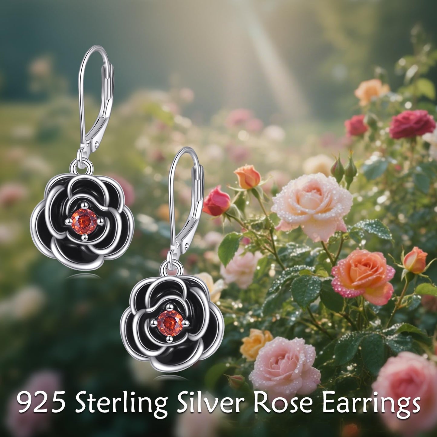 TIGER RIDER Black Rose 925 Sterling Silver Leverback Earrings Flora Jewelry Gift for Women Birthday Christmas