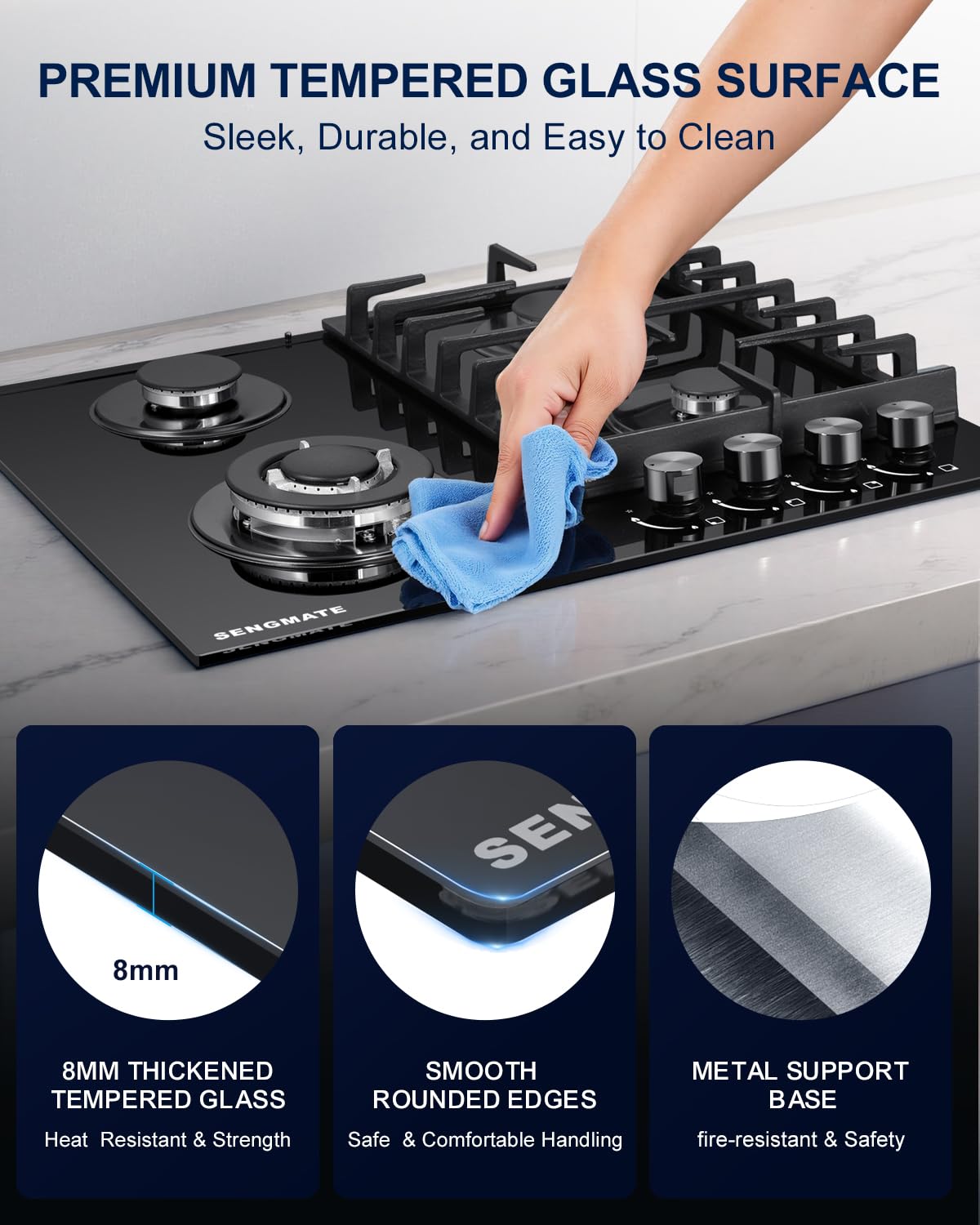 SENGMATE 24 Inch Gas Cooktop, 4 Burner Gas Stove Top, Built-In or Countertop Design, Black Tempered Glass, NG/LPG Convertible, Flame Failure Protection, Ideal for Home Kitchens, RVs & Compact Spaces