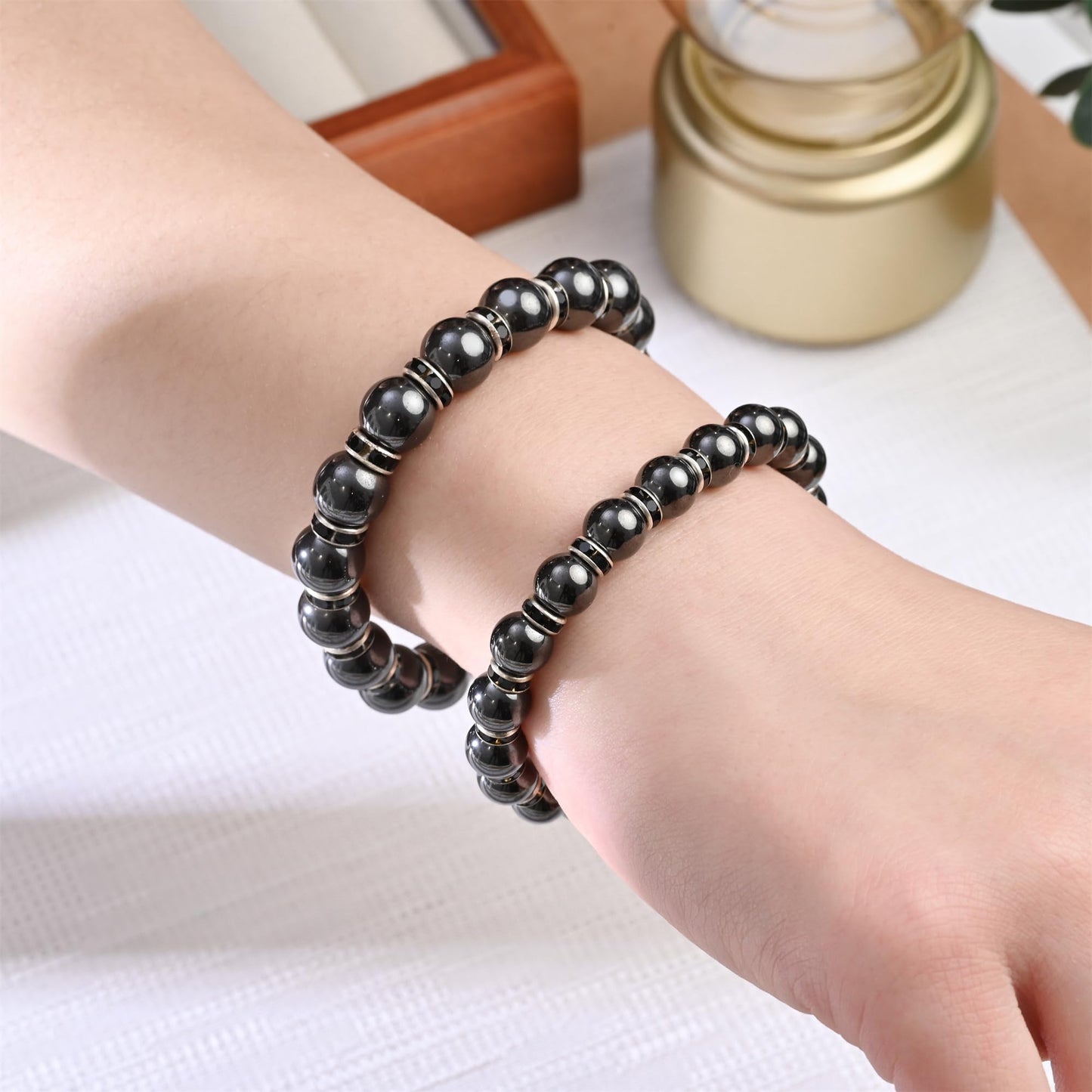 Apocalyptic-K Women's Magnetic Bracelet,Hematite Bracelets,Magnetic Bracelets With Zirconia,Handmade Stretch Bracelet,Eliminates static electricity. (Black Zirconia,8MM)