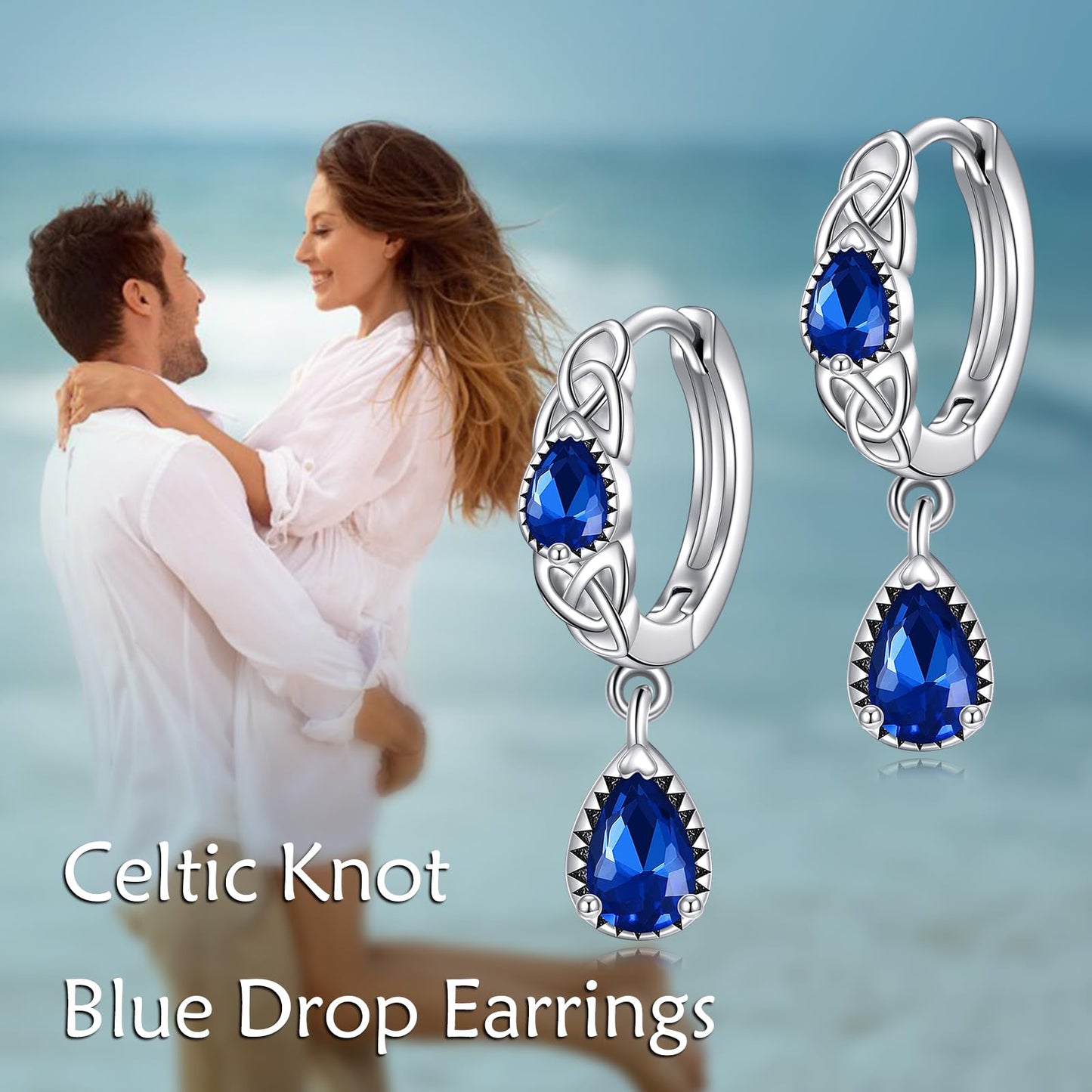 925 Sterling Silver Sapphire Celtic Hoop Earrings Dangle Drop Irish Earrings Huggie September Birthstone Jewelry Birthday Gifts for Women (Sapphire Celtic Hoop)