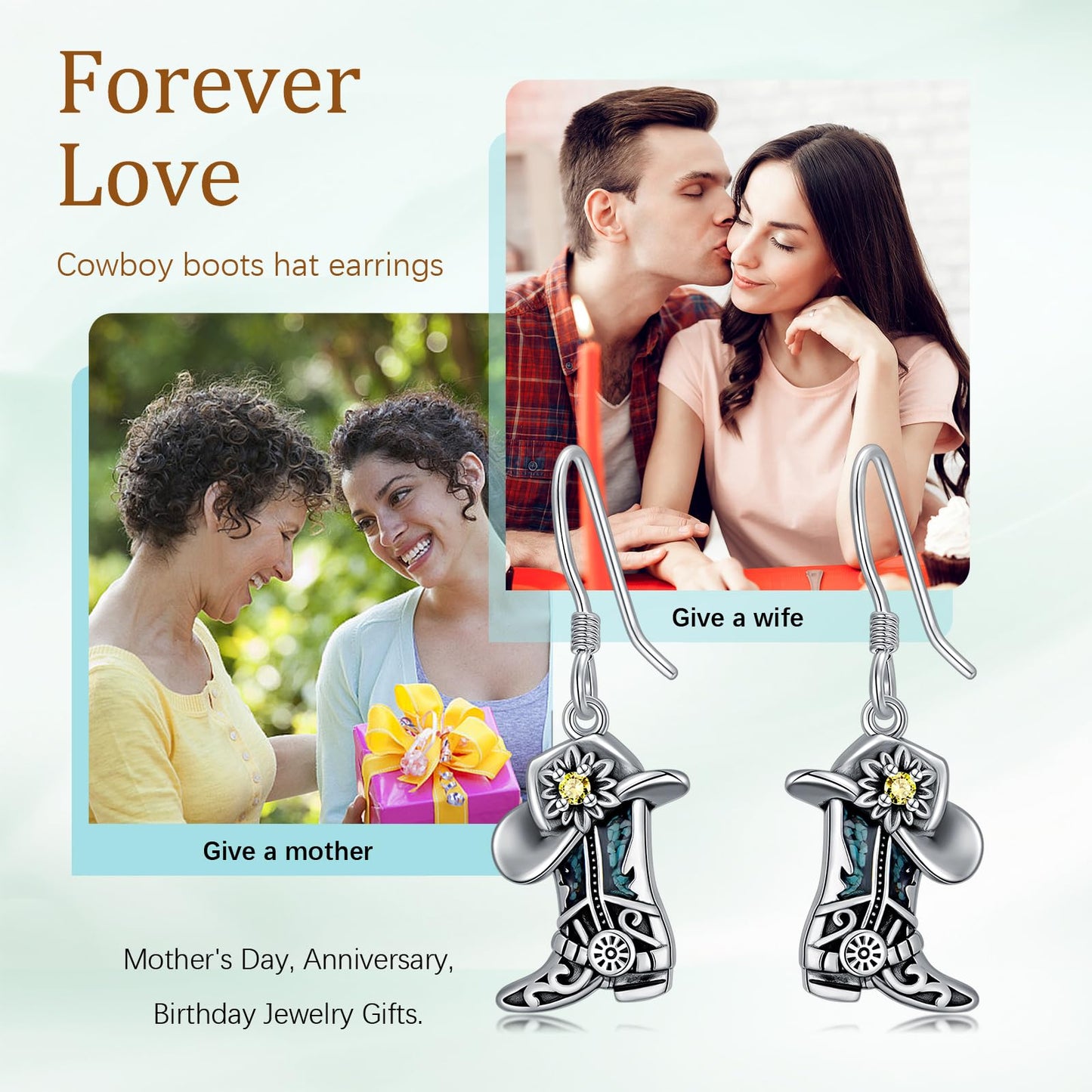KoyeKei Cowboy Boot Earrings for Women 925 Sterling Silver Cowgirl Hat Texas Boot Dangle Drop Earrings Western Turquoise Cowboy Carter Jewelry Country Boho Gifts for Daughter Wife