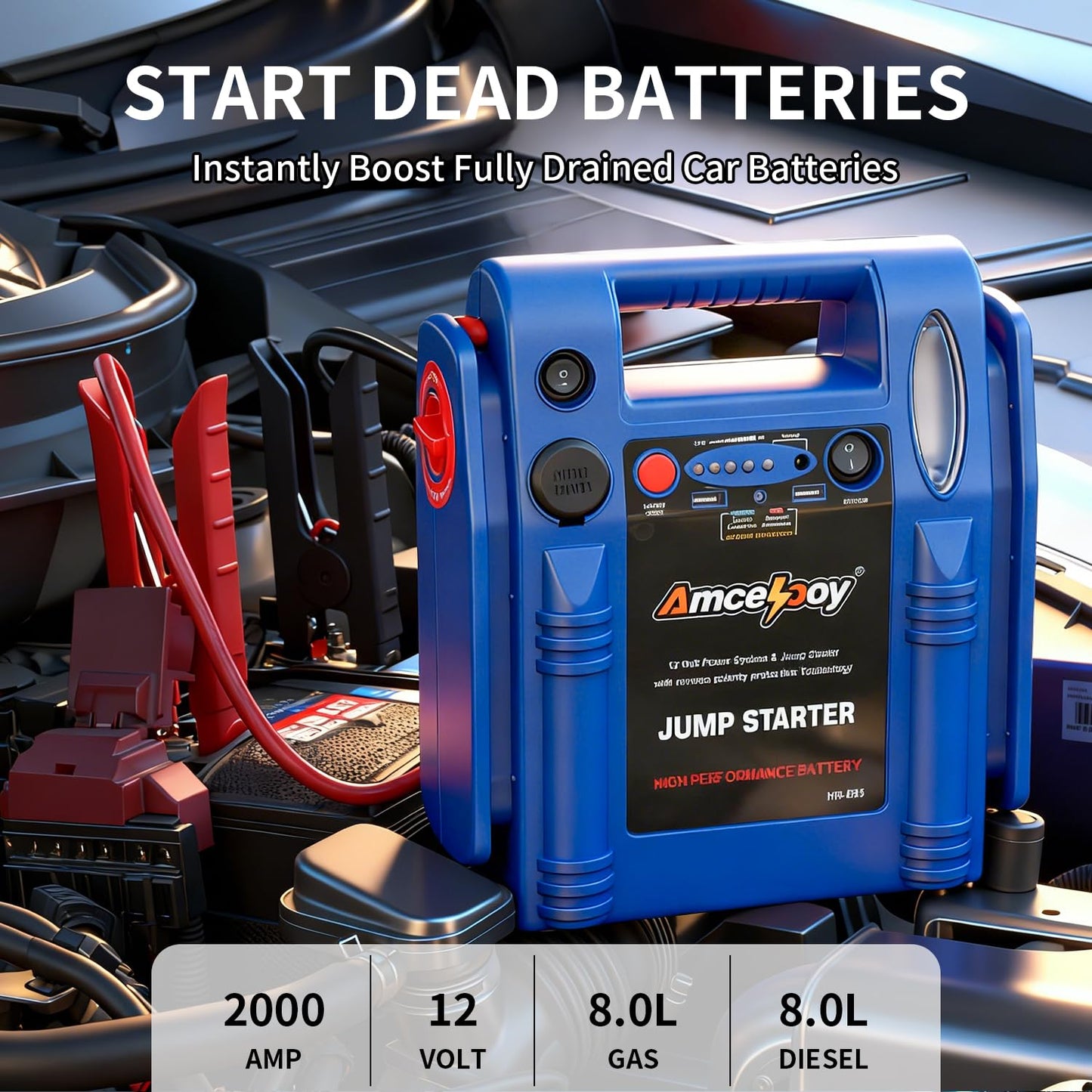 Amcelooy 2000 Peak Amp Car Battery Jump Starter, 12V Booster for Up to 8.0L Gas & 8.0L Diesel Engines, Portable Jump Box with LED Light, USB & DC Ports