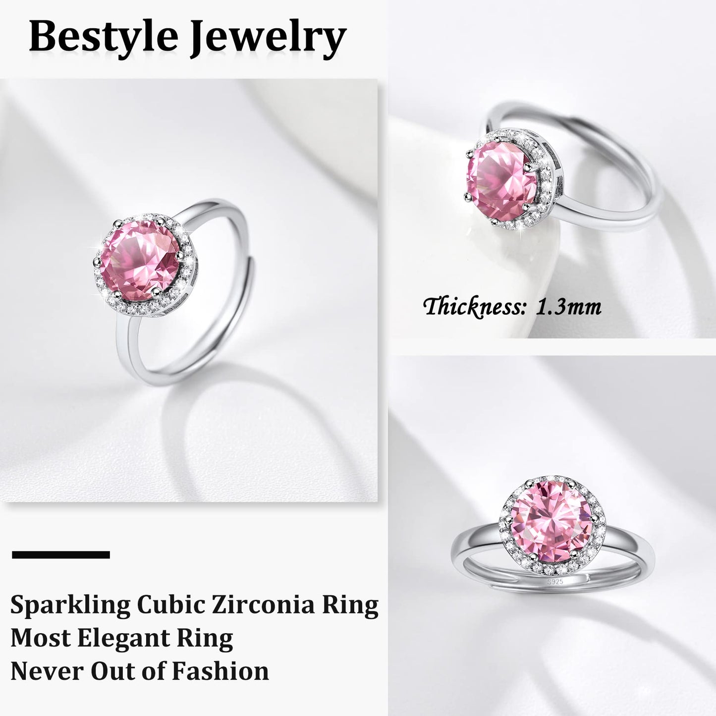 Bestyle Infinity Love Round October Pink Tourmaline Gemstone Rings with Sparkling CUbic Zirconia, Brilliant Love Round Diamond Halo Rings Statement Jewelry for Women