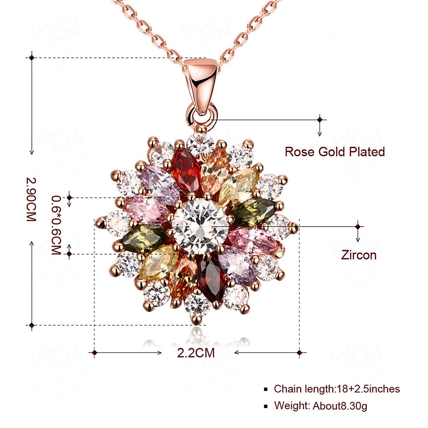 Kim Carrey Italian Elegant Rose Gold Necklace for Ladies | 18K Rose Gold Plated Necklace Pendant for Women | Gemstone necklace, Gift for Daughter, Wife, Mom, Her Jewelry (Seven-Color Flower)
