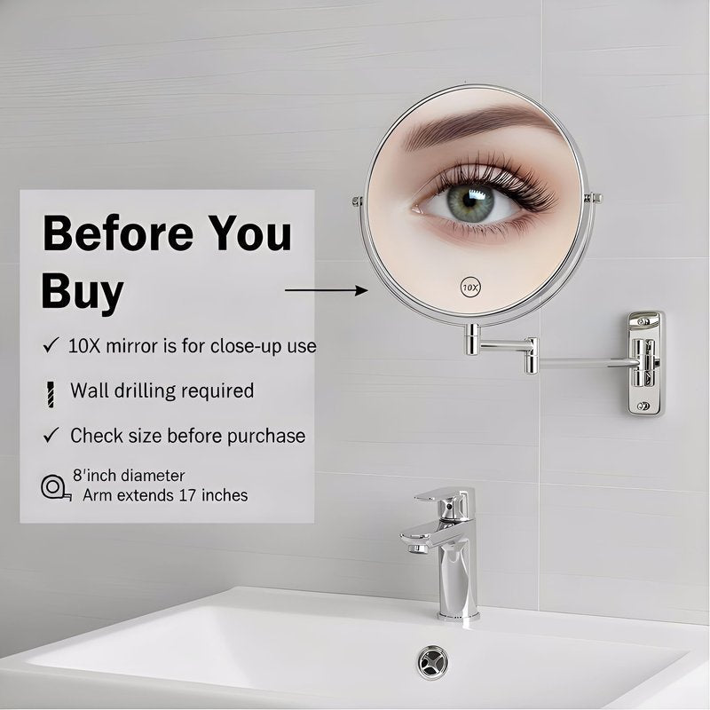 AumVum 8" Extendable Bathroom Mirror Wall Mount with 1X/10X Magnification, 360° Swivel Double Sided Vanity & Shaving Mirror, Nickel Finish (No Light)