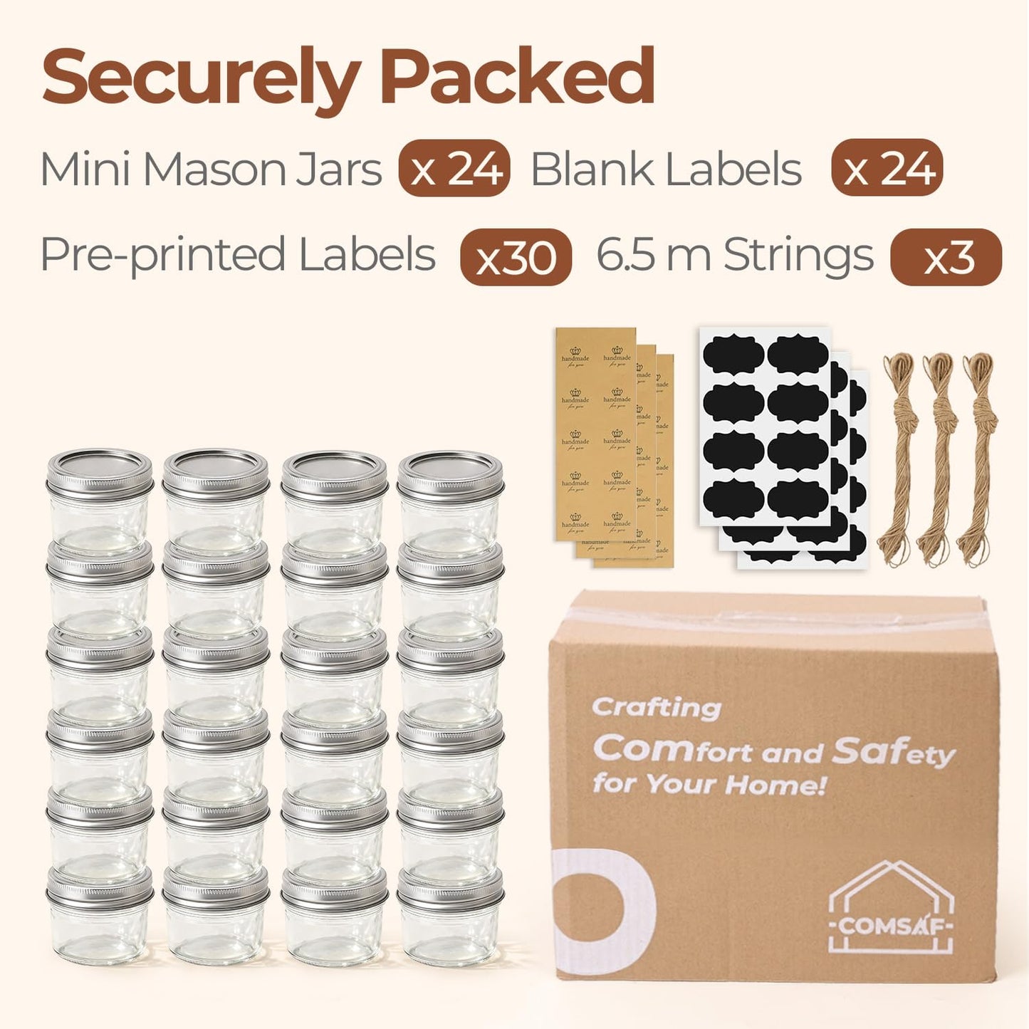 ComSaf Small Regular Mouth Mason Jars Bulk 4oz 24PCS Mini Mason Containers, Small Canning Jars, 4 oz Glass Jar with Lids for Mustards, Dipping Sauces, Jelly, DIY Candle Decor, Wedding Shower Favors