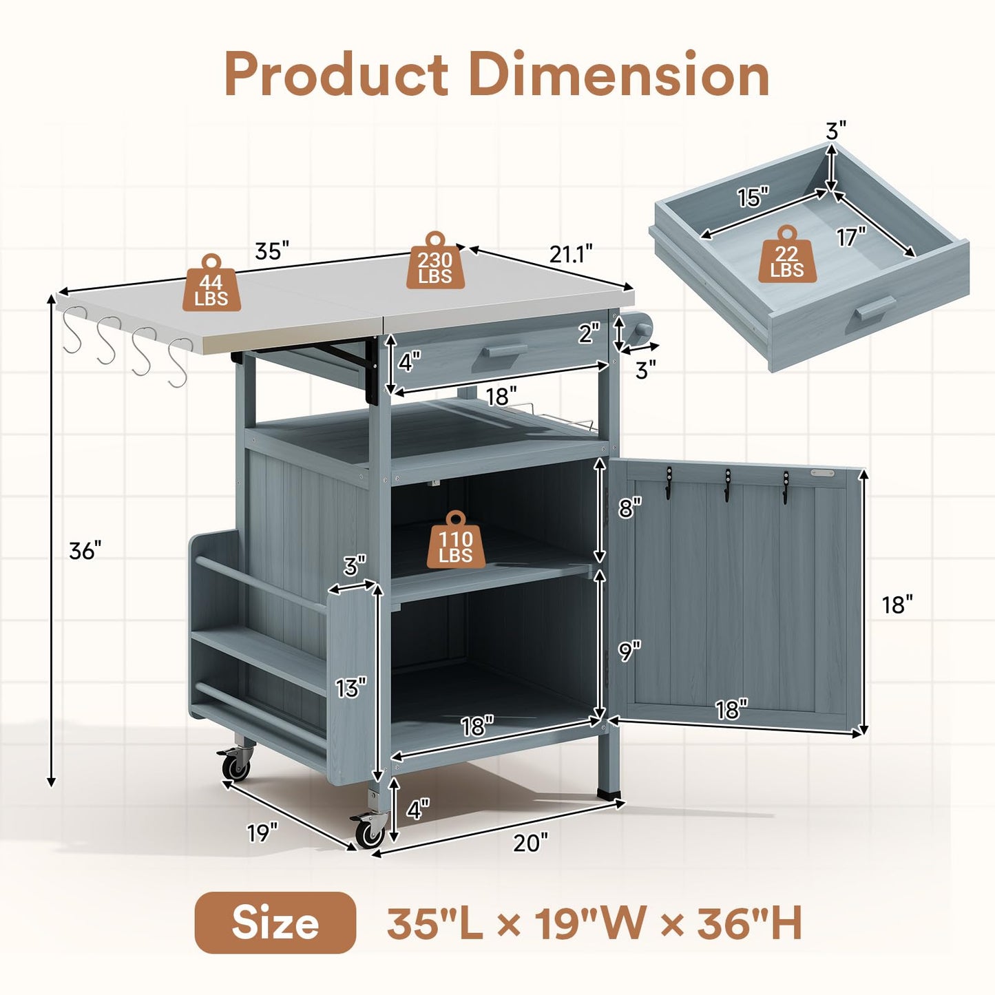 Zevemomo Outdoor Grill Cart with Drop Leaf, Stainless Steel Tabletop Outdoor Kitchen Island, Solid Wood Outdoor Buffet Cabinet with Drawer, Towel Rack, Lockable Wheels for Grilling, Gray-Blue