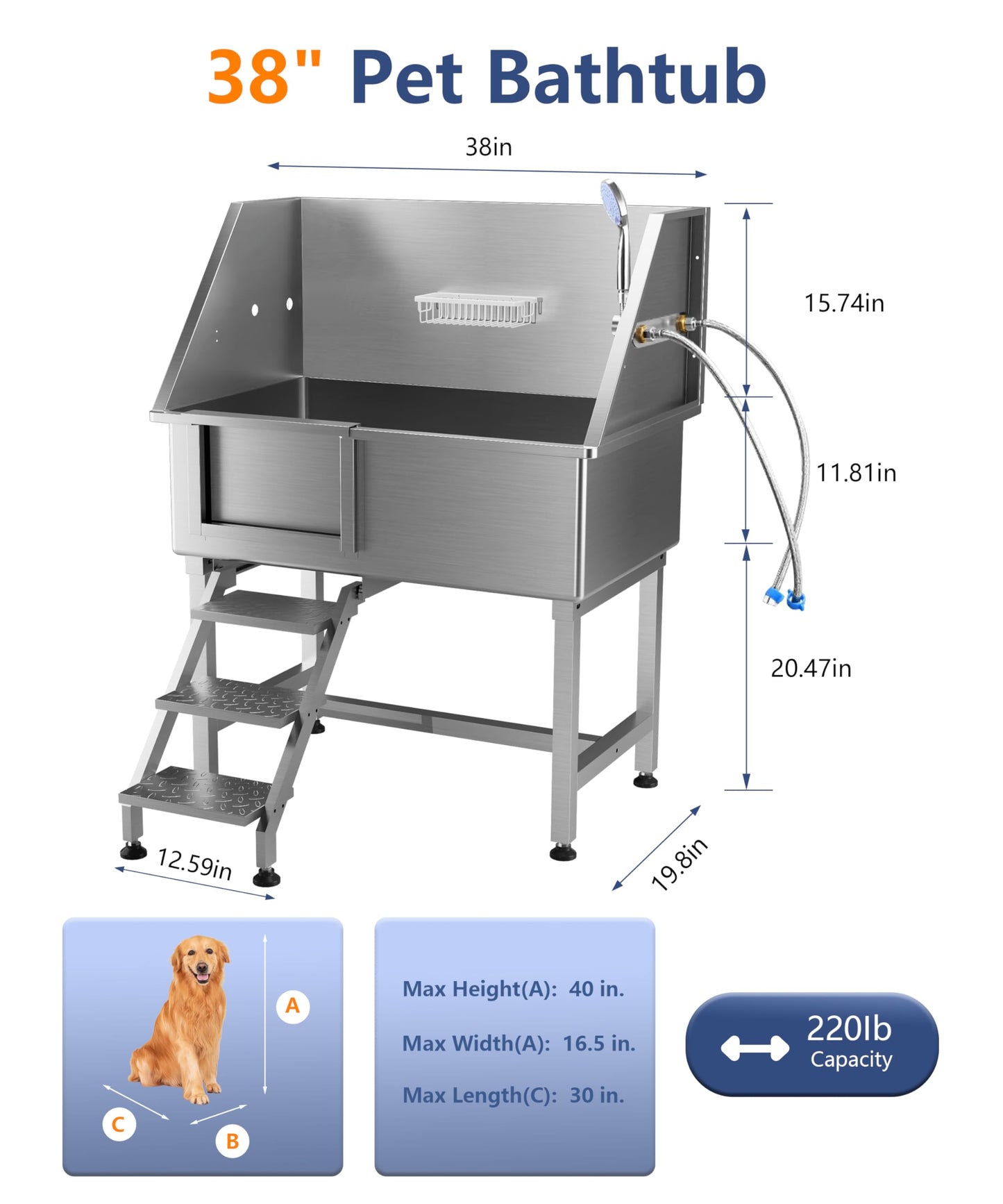 GAOMON 38" Dog Grooming Bathtub, Professional Stainless Steel Pet Dog Bathing Station for Medium,Small Pets, Left Door & Stairs with Faucet, Sprayer, Drain