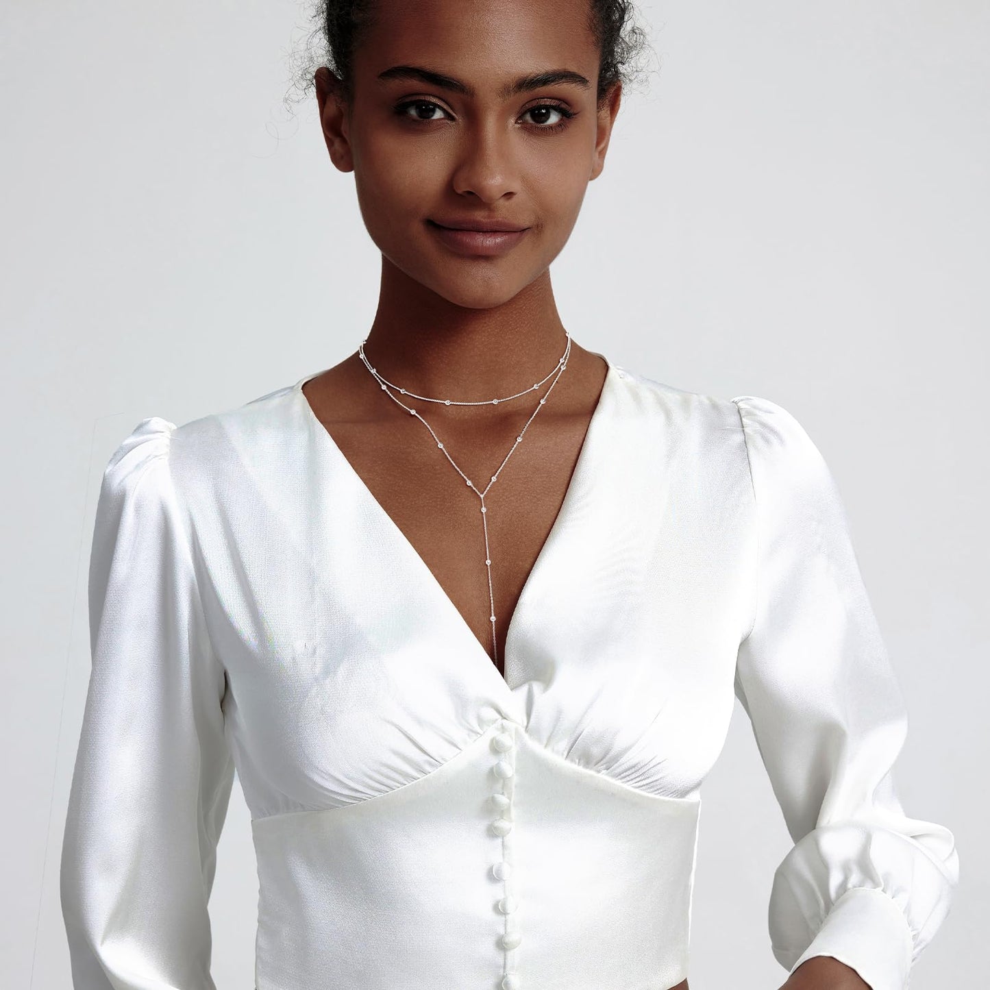 Zeffy Dainty Long Silver Necklaces for Women Trendy Lariat Y Necklace Layered Beaded Drop Necklaces Simple Y-Shaped Chain Jewelry Gift Wedding