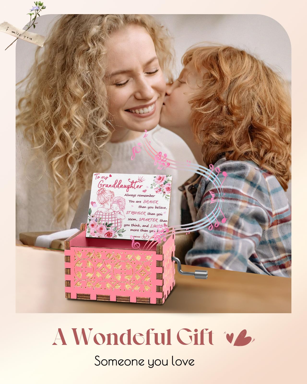 Swooflia Mother's Day Wooden Music Box for Granddaughter - Hand Crank Engraved Musical Box Vintage Mechanism Personalized Gifts for Mom Aunt Daughter Niece Grandma Friend Jesus On Birthday