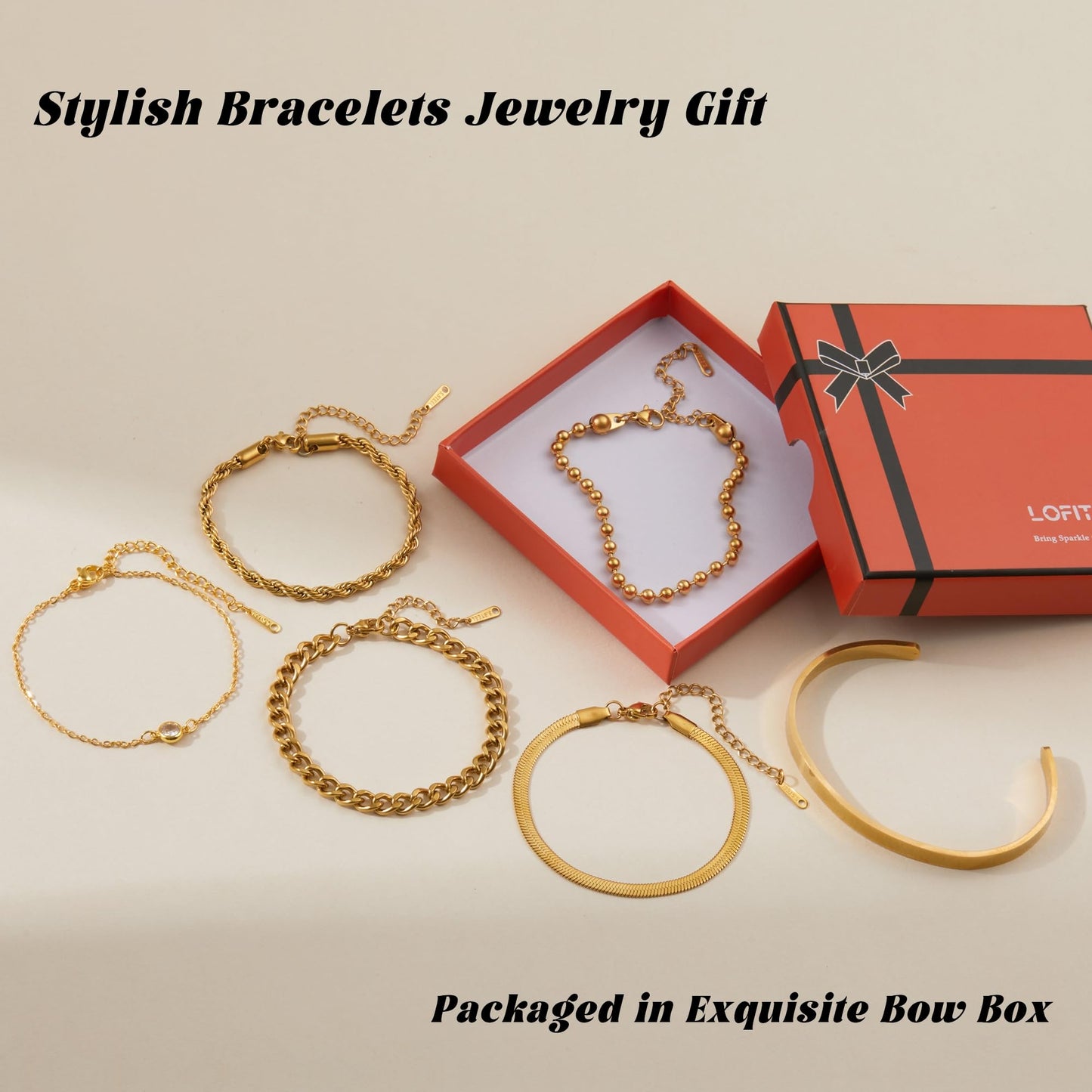 LOFITOR Gold Bracelets for Women Dainty Non Tarnish Link Chain Bracelets Set for Women Trendy Adjustable Chunky Thin Bracelets Stack Layered With Cuff Beaded Cuban Rope CZ Heart Cross Jewelry Gifts Heart