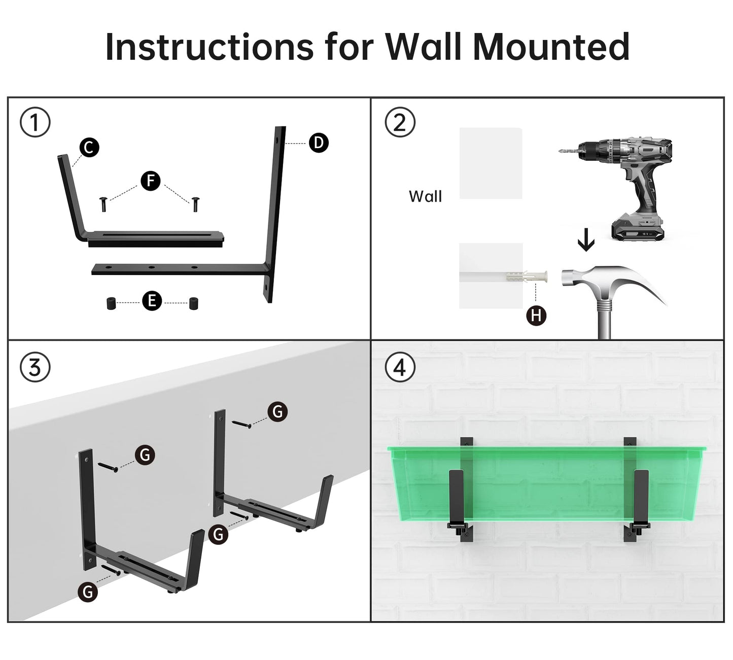 Y&M 6 Pcs Deck Railing Adjustable Planter Box Brackets (6 to 12.5 in), Universal Heavy Duty Iron Flower Box Brackets Wall Mounting Hooks for Fences, Patio, and Garden - Black (Patent Registered)