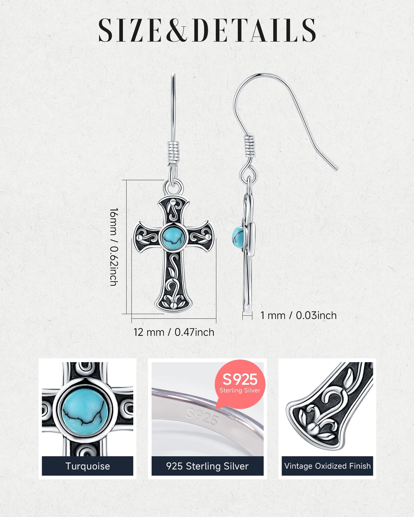 S925 Sterling Silver Turquoise Dragonfly Sunflower /Hummingbird/Butterfly/Cross/Anchor Earring Vintage Bohemian Jewelry Natural Drop/Stud Earrings Birthday Jewelry Gifts for Women (Cross Dangle Earrings)