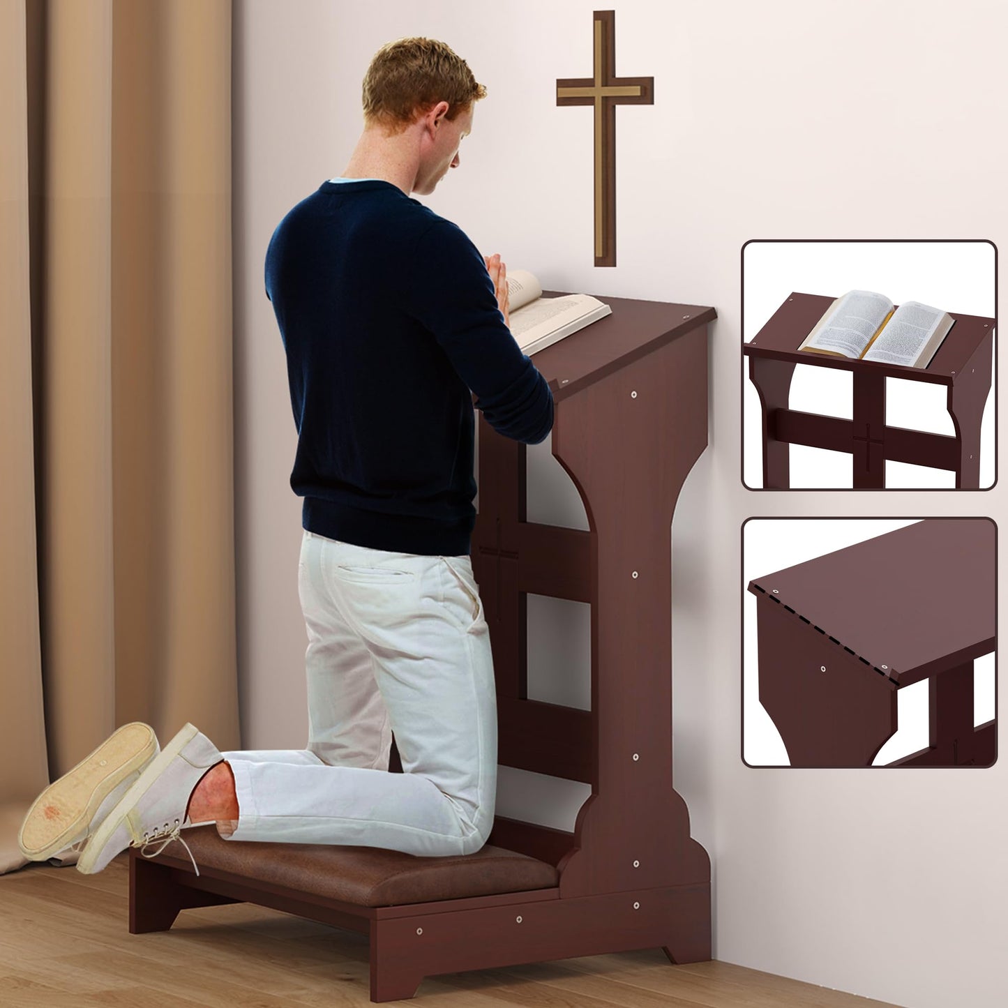 Gtouse Wooden Prayer Bench for Kneeler Prayer, Prayer Table at Home with Cushion Pad, Church Kneeling Stand Stool, Padded Prayer Chair Shelf for Kneeling at Home and Church
