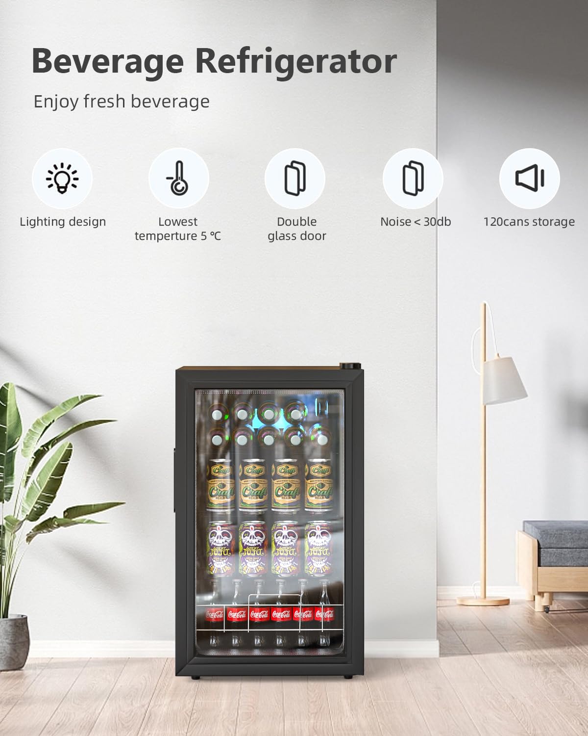 Geekman Beverage Refrigerator Cooler, 120 Cans Freestanding Beverage Fridge with Double-layer Glass Door, Mini Fridge Beverage with Adjustable Removable Shelving, Perfect for Beer, Wine, Soda and more