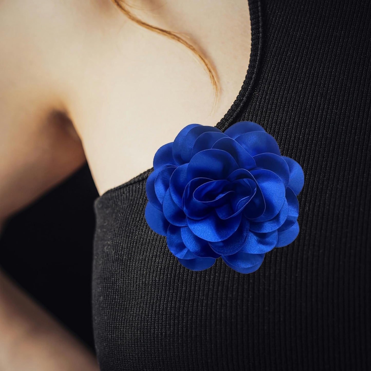 ZZ ZINFANDEL 19mm Extra Large Rose Flower Brooches Lapel Pins Dainty Satin Fabric Brooches Big Camellia Flower Brooch Pin for Women Wedding Part Dance Clothes Accessories Jewelry Gifts (Dark Blue)