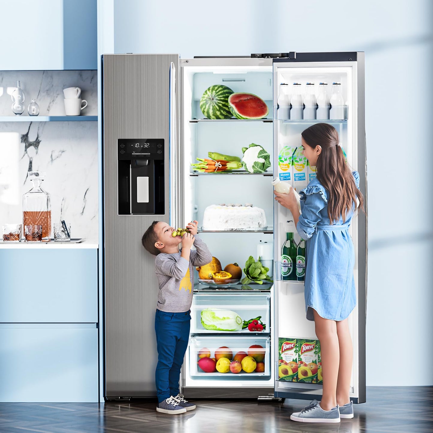 Antarctic Star 2 French Door Refrigerator Fridge, with Side Freezer &Water Dispensor,Nugget Ice Maker&Cube Ice,Adjustable Thermostat, 20 Cu Ft, Stainless Steel