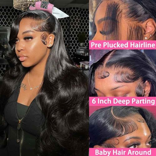 PINKEAGLE 30 Inch 13x6 Lace Front Wigs Human Hair 200% Density Body Wave HD Lace Front Wigs Human Hair Pre Plucked Glueless 13x6 Full Frontal Wig for Women Natural Black