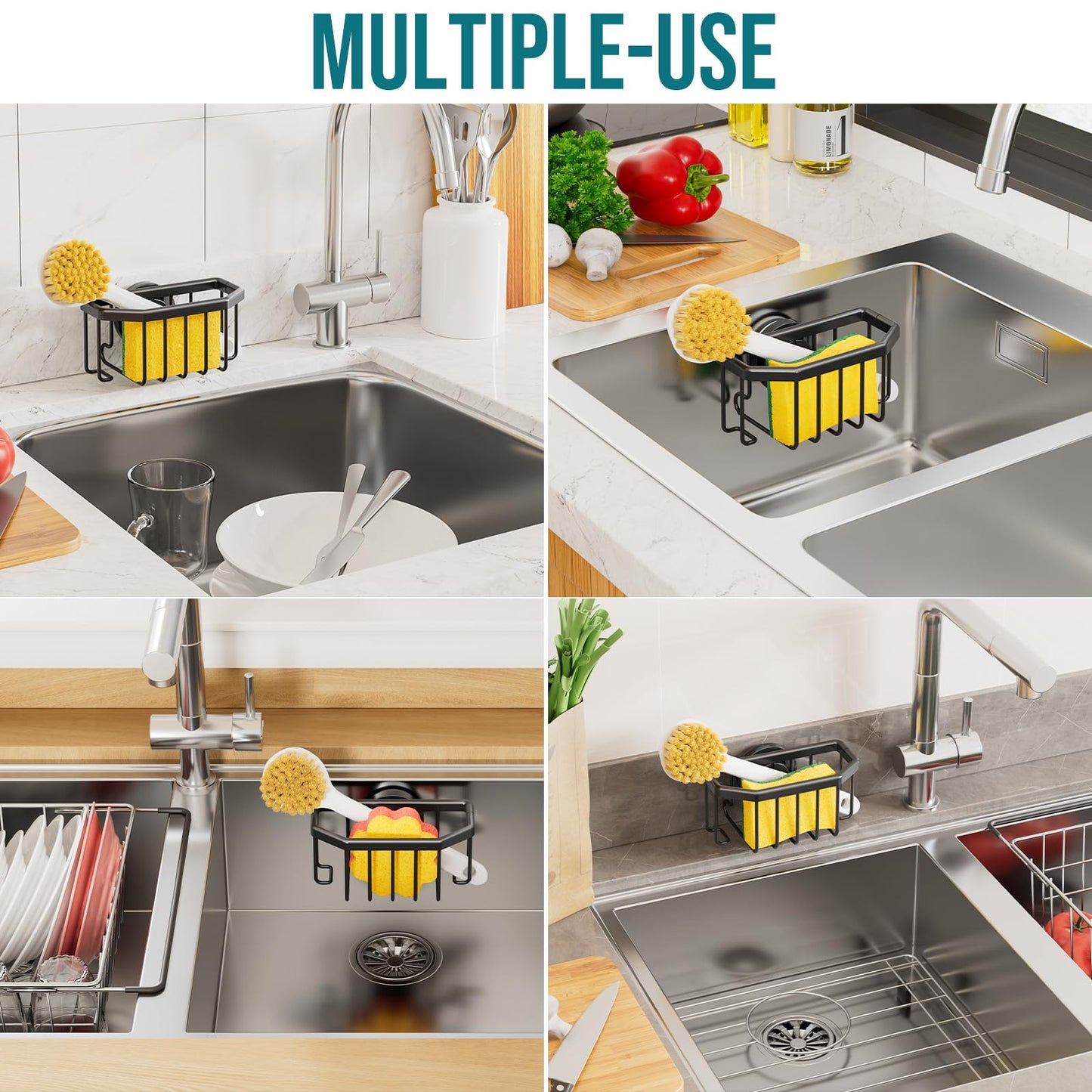 TAILI Sponge Holder with Strong Suction Cup, Dish Sponge Caddy Inside Sink Removable, Rustproof Aluminum for Sponges, Brushes, Stoppers and Scrapers - Black