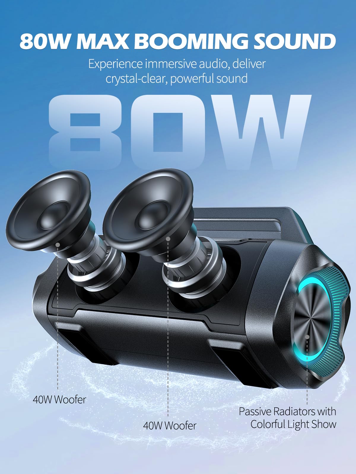 Xonera Speakers Bluetooth Wireless, 80W Peak Loud Outdoor Speaker with Bass, 20H Playtime, IPX6 Waterproof, TWS,BT5.3, Portable for Camping Hiking Boating Pool Beach(Black)