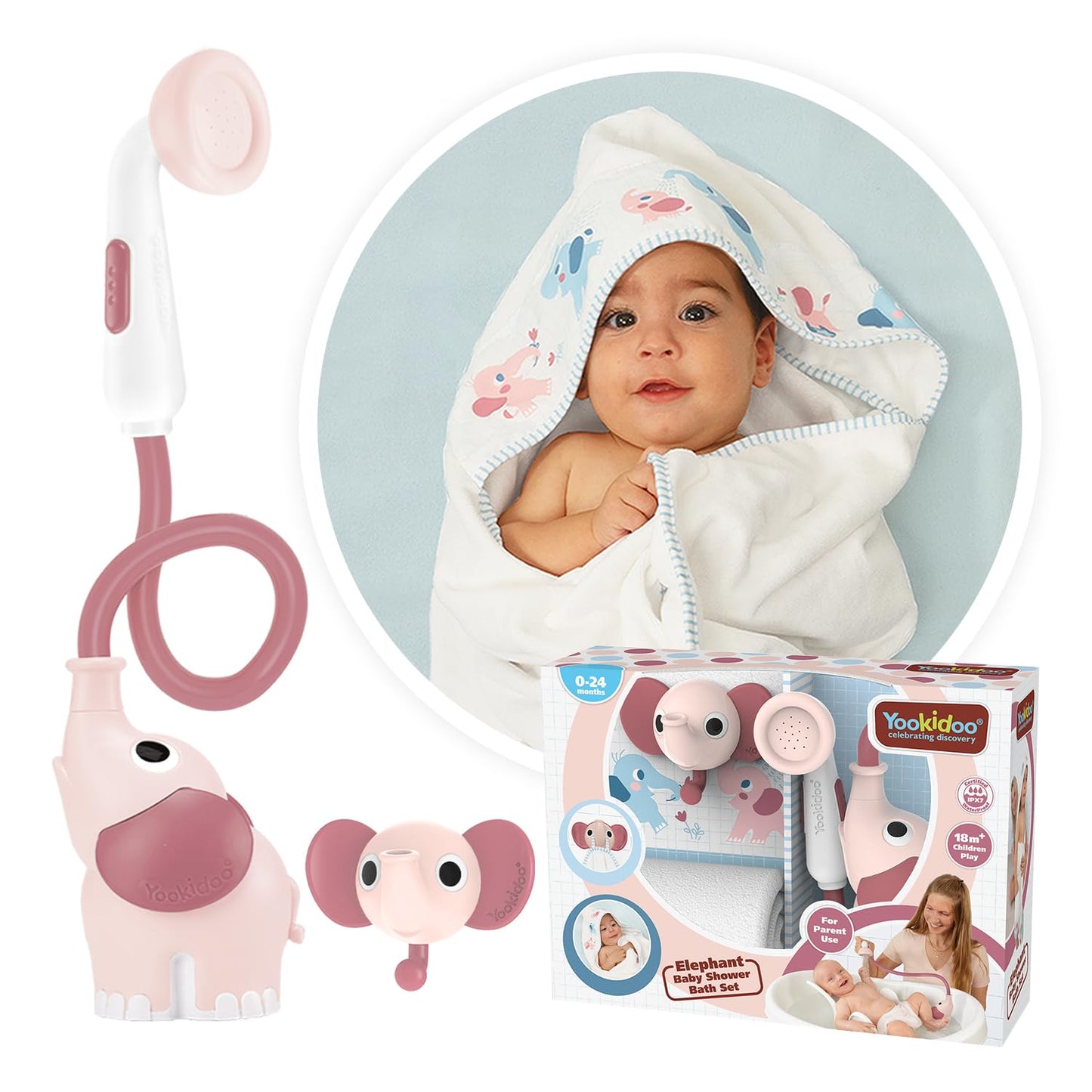 Yookidoo Baby Bath Shower Head - Elephant Water Pump with Trunk Spout Rinser - Control Water Flow from 2 Elephant Trunk Knobs for Maximum Fun in Tub or Sink for Newborn Babies