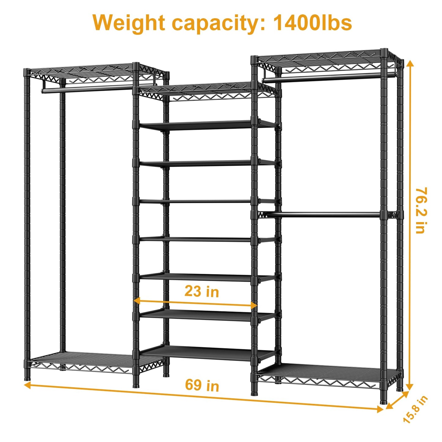 ULIFHOME E16 Heavy Duty Clothing Rack(with 7-Tier Adjustable Shoe Rack) Freestanding Clothes Rack for Hanging Clothes,Metal Closet Storage Organizer Large Wardrobe,69'' W x 15.8'' D x 76.2'' H,Black