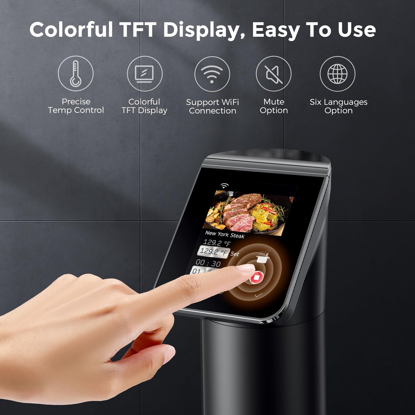 KitchenBoss WIFI Sous Vide Cooker: Ultra-Quiet Sous-vide Cooking Machine 1100 Watts Stainless Steel Immersion Circulator for Kitchen with TFT Preset Recipes (Black)