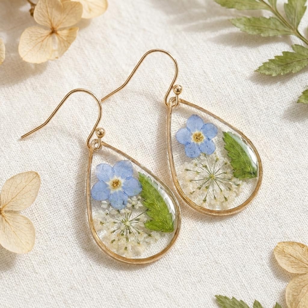 Jean Beau Handmade Blue Pressed Flower Earrings for Women, Forget-Me-Not Queen Anne's Lace Nature Dried Flowers Teardrop Dangle Floral Earings Jewelry Gift