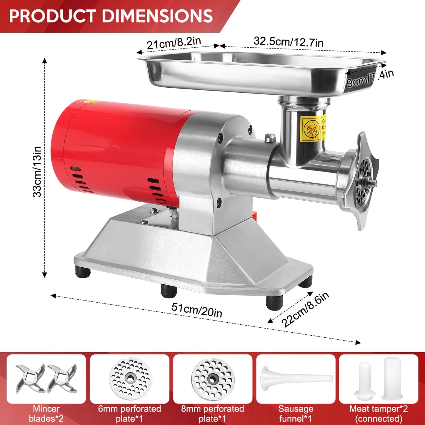 ARLUMA Electric Meat Grinder,Stainless Steel Meat Grinder Heavy Duty,1.5HP Sausage Stuffer with 2 Blade,2 Grinding Plates,Sausage Kit for Home Kitchen Commercial (661LB/H,1100W,6mm&8mm)