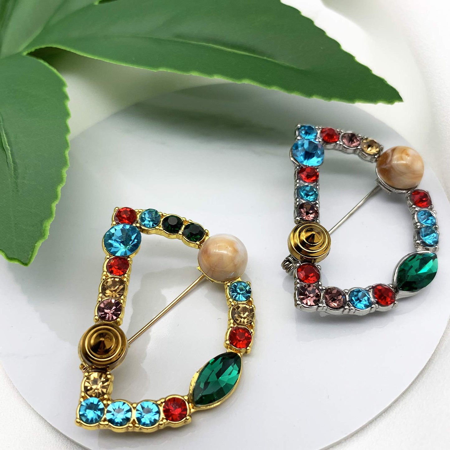 XGALBLA Letters D Plated Metal Stone Clear Colorful Crystal Lapel Pin Brooches Collar(Silver Tone)