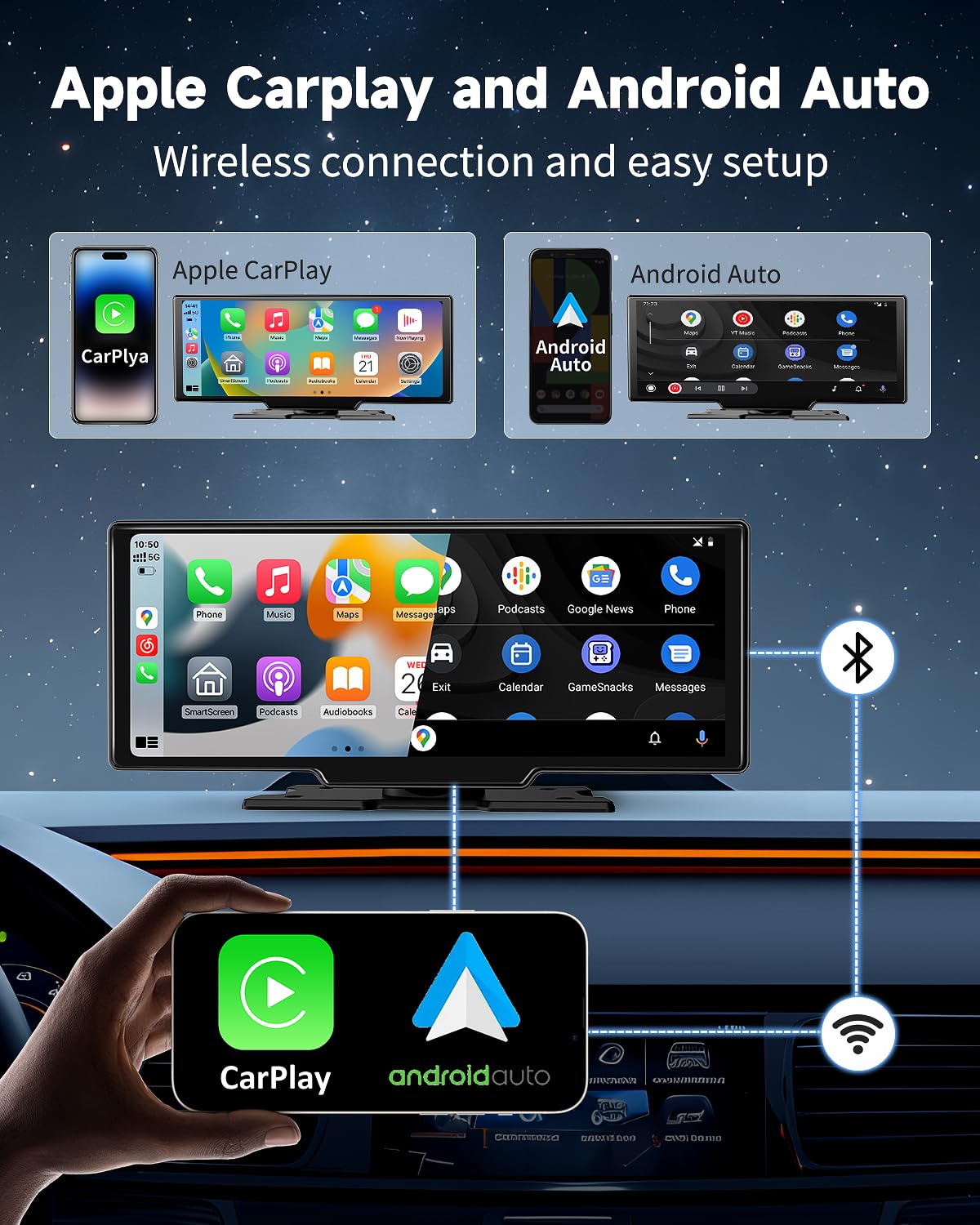 Largest 11.5"Wireless Apple CarPlay Screen for Car–Portable Carplay & Android Auto Touchscreen Car Stereo with App Control, 4K Dash Cam, Backup Camera, GPS, Mirror Link, Voice Control,for All Vehicles