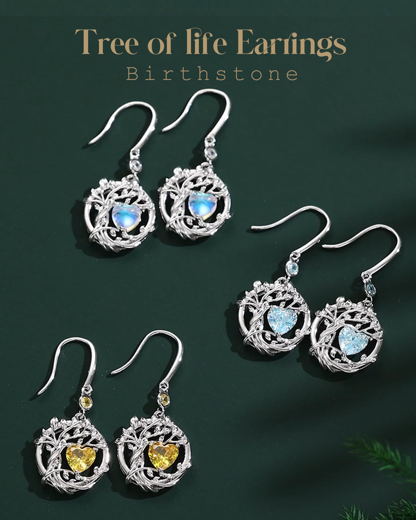 FANCIME Tree of Life Earrings 925 Sterling Silver Dainty Moonstone Dangle Drop Gemstone Earring June Birthstone Fine Jewelry Birthday Mothers Day Gifts for Mom Her Women