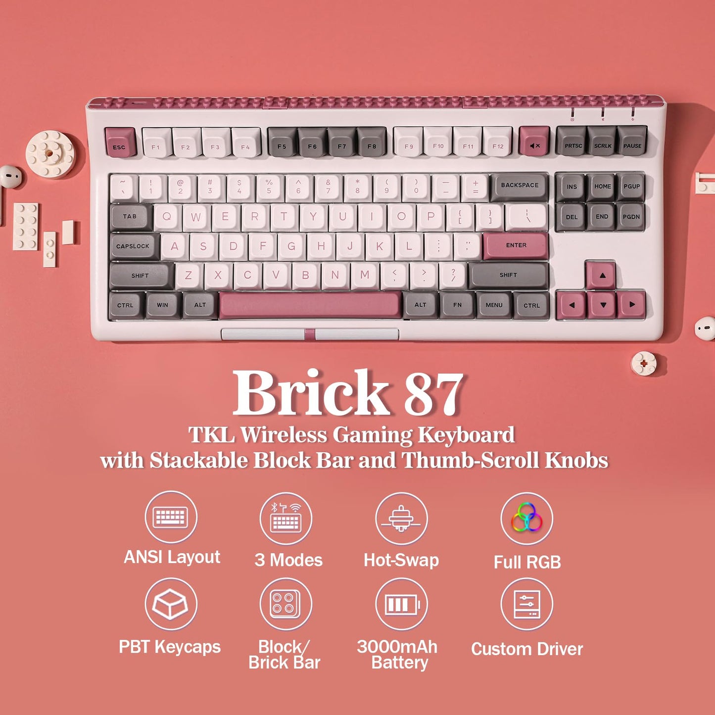 EPOMAKER Brick 87 Tri-Mode TKL Hot Swappable Mechanical Keyboard with Stackable Block Bar and Thumb-Scroll Knobs, 3000mAh Battery, RGB, Compatible with Win/Mac (Grey Pink, Wisteria Linear Switch)