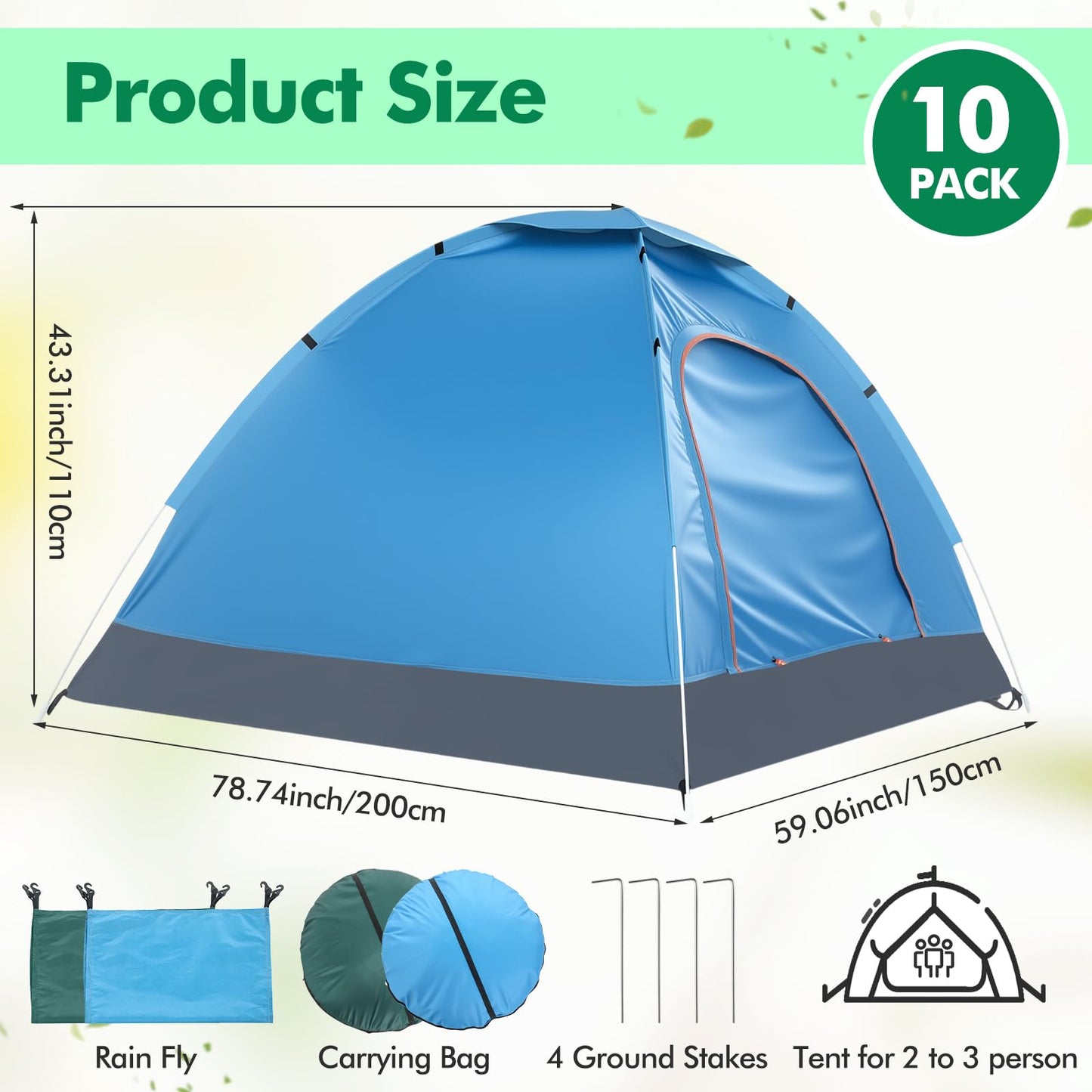 Woanger 10 Pack 10/16 Pack Bulk 2 Person Camping Tents for Homeless Lightweight Tent with Rain Fly and Carrying Bag Waterproof Windproof Setup Pop Up for Camping Backpacking Donation (Blue Green)