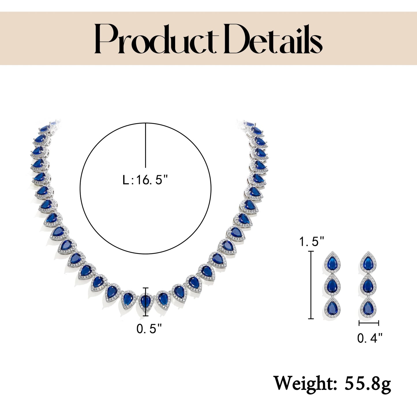 EleQueen Women's Wedding Bridal Full Prong Cubic Zirconia Sapphire Teardrop Necklace Earrings Set for Brides Bridesmaids Blue-Silver-Plated-Brass