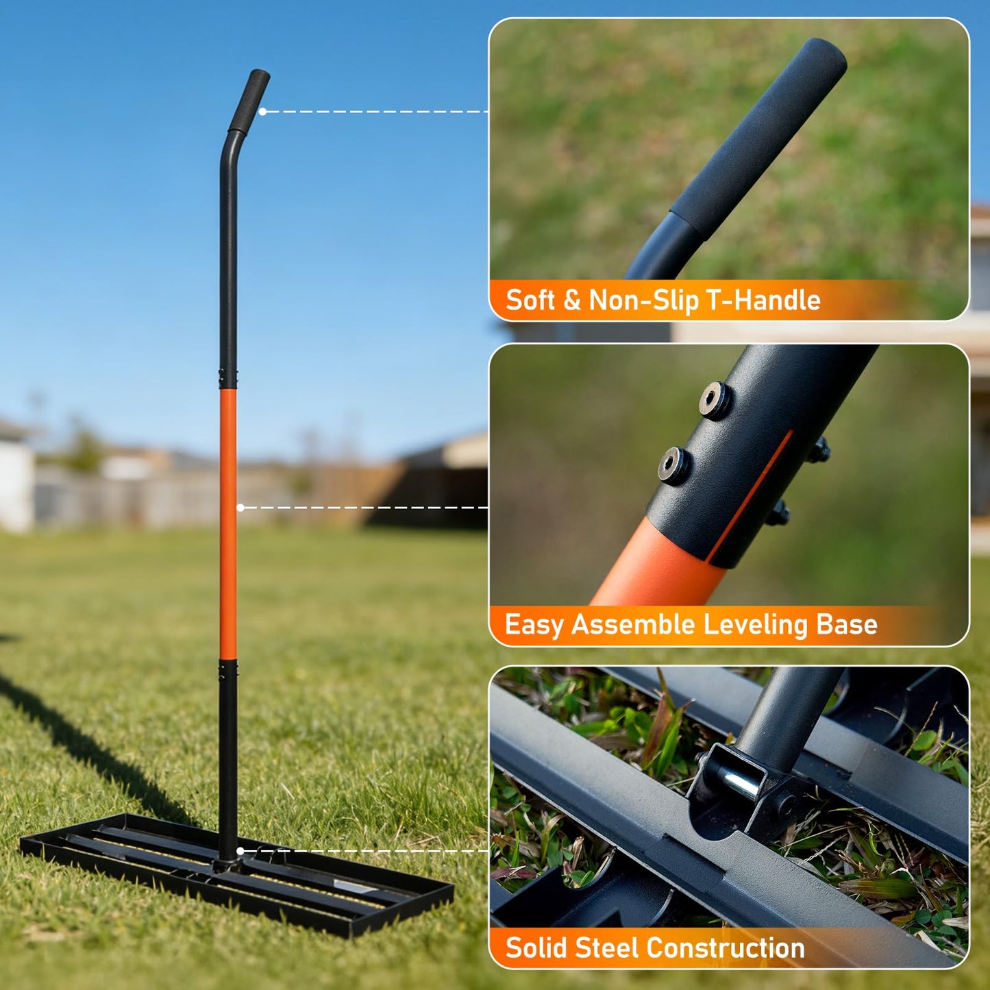Lawn Leveling Rake, 30"x10" Leveling Rake with 78 Inch Adjustable Handle, Stainless Steel, for Backyard, Garden, Golf Course, Farm & Pasture, Professional Lawn Care Tool - Orange