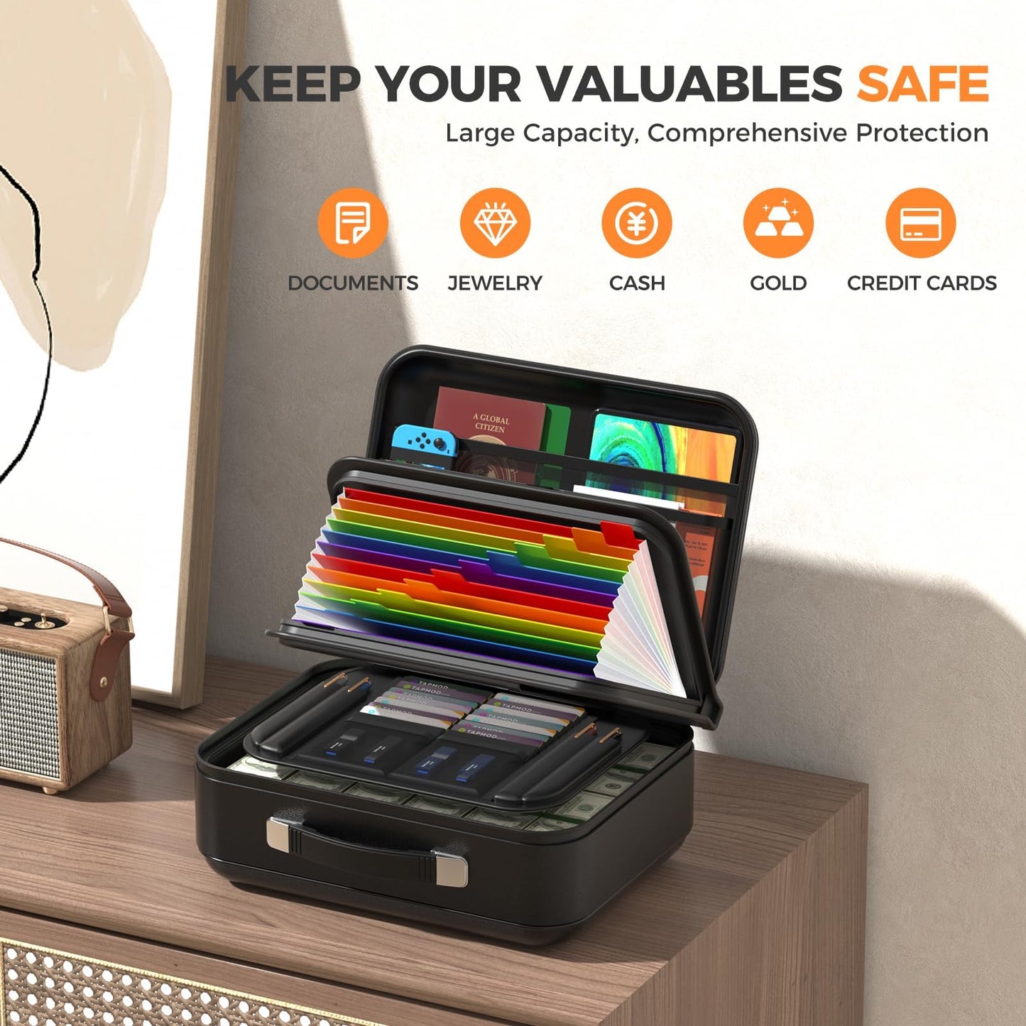 EDMUED Fireproof Document Box with Combination Lock, Fireproof Water Resistant Hard Case Safe Box for Important Documents Certificates Laptop Passports