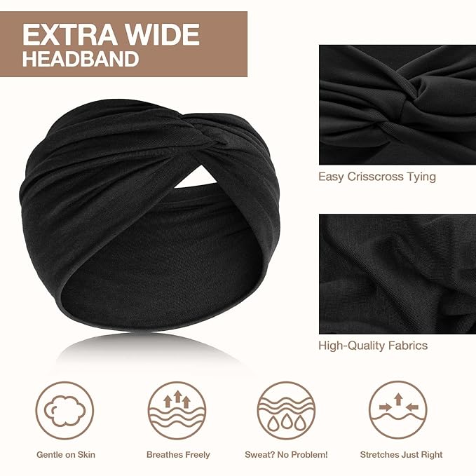 Awumbuk Wide Headbands for Women Knotted No Slip Head Bands Soft Turban Headband Hair Accessories Boho African Solid Color Head Wraps for Women Yoga Workout Pack of 6(Brown)