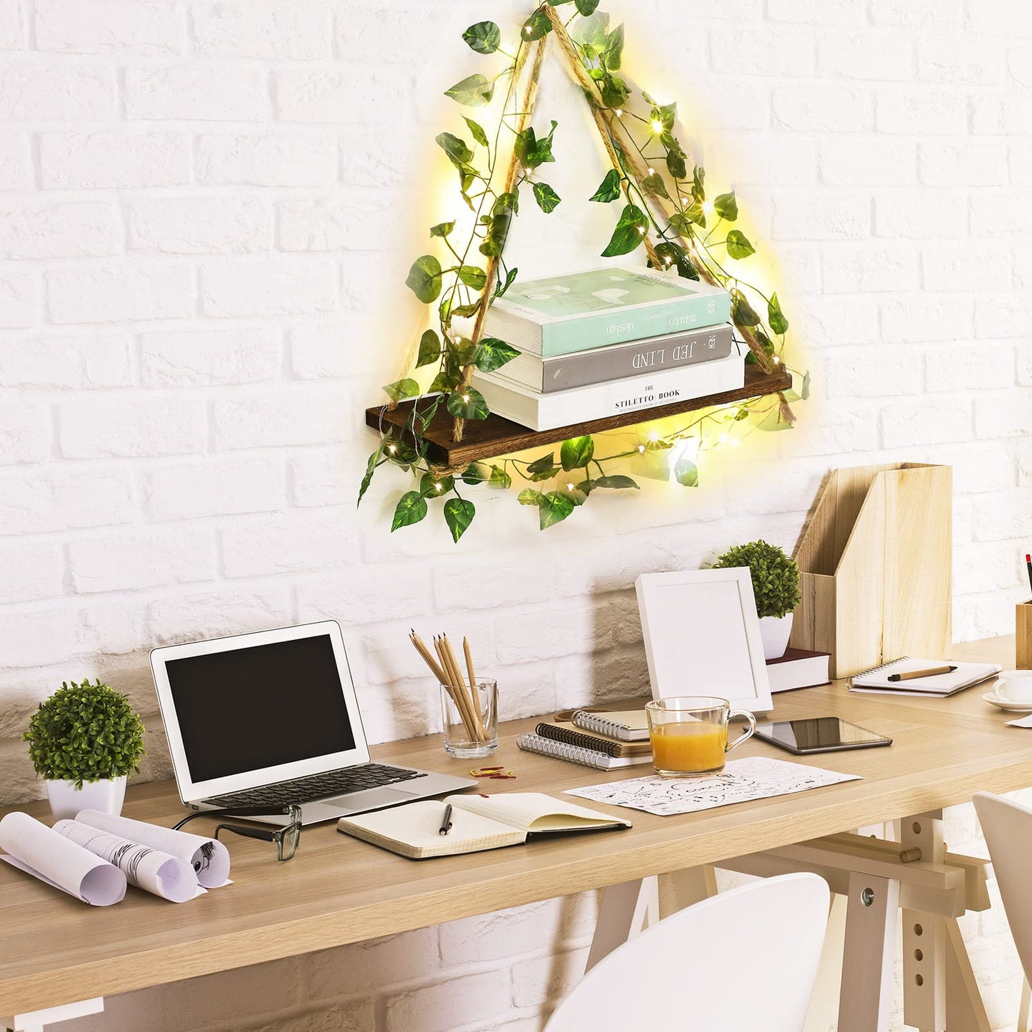Amyhill 3 Set Artificial Ivy LED Floating Plant Shelves Wood Hanging Dorm Wall Decor Leaves and Light Strip Hanging Shelves for Bedroom Living Room Nature Wall Decoration