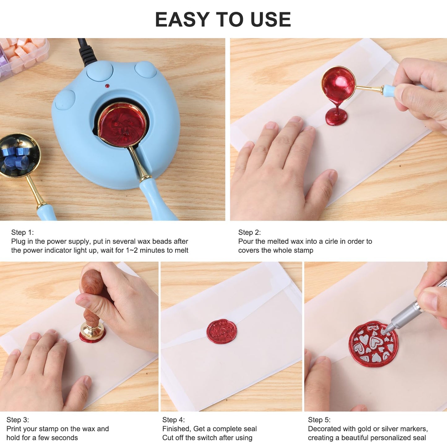 Wax Seal Stamp Kit with 24 Colors Wax Seal Beads 600pcs, WASOHLING 2PCS Love Heart WaxSeal Stamps with Electric Sealing Warmer Set, Envelopes and Metallic Pen for Letter Sealing