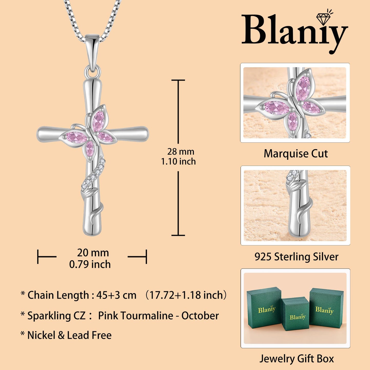 Blaniy Cross Necklace for Women 925 Sterling Silver Butterfly Necklace Pink Tourmaline Pendant Necklaces October Birthstone Jewelry Gifts for Women