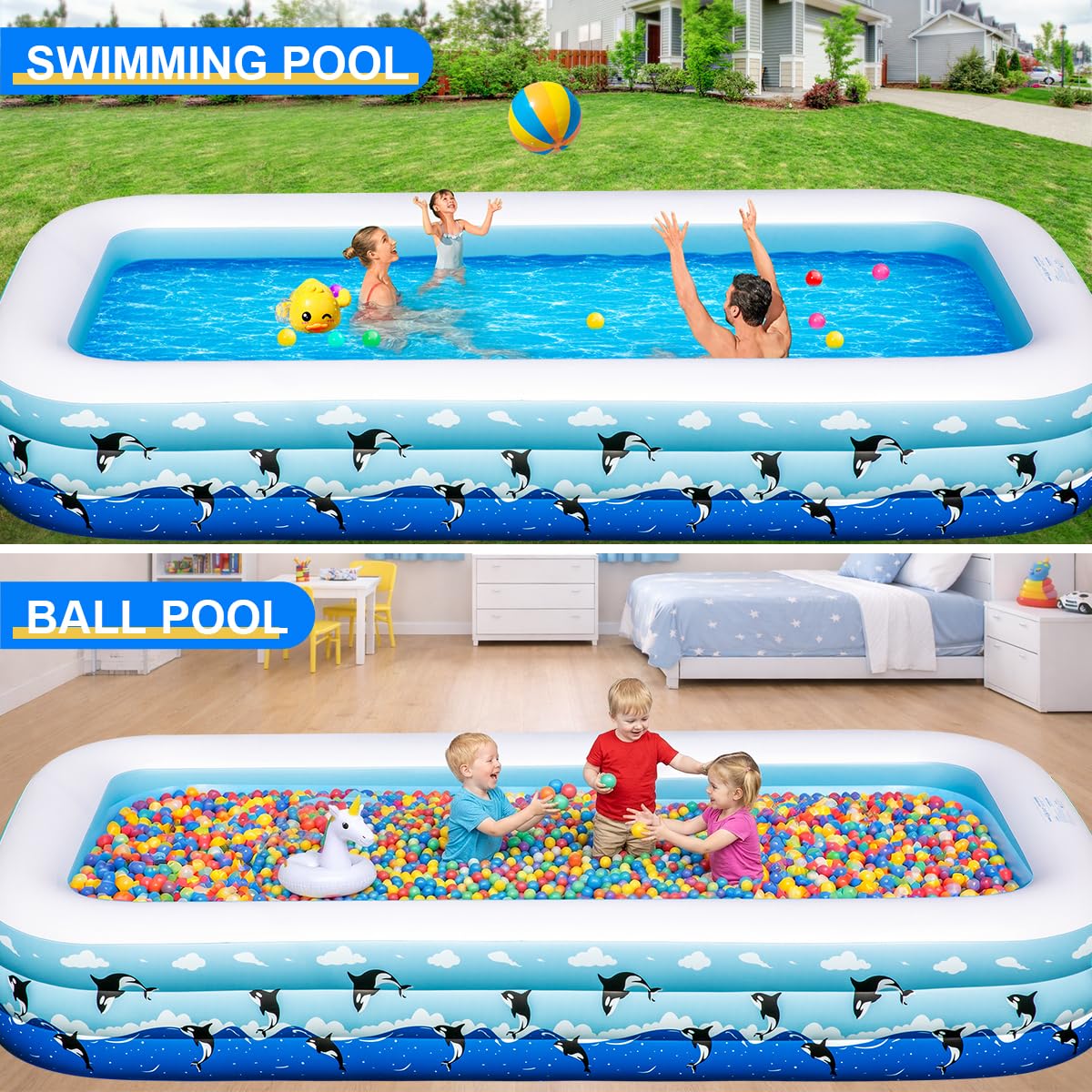 Large Inflatable Swimming Pool 145" x 74" x 22" Family Size Blow Up Pool for Adults & Kids, Oversized Backyard Kiddie Pool for Outdoor, Garden, Summer Water Party