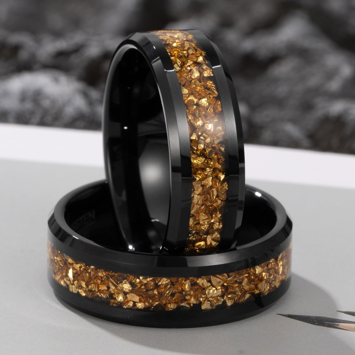 NUNCAD Men's Tungsten Rings 8mm Black Wedding Band Inlaid with Citrine Center Polished Domed Comfort Fit Size 12